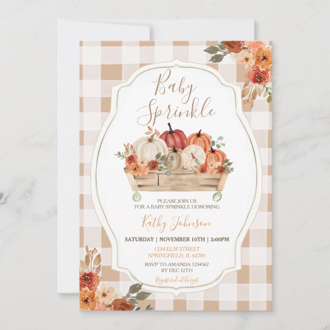 Invitation Boho Citrouilles Floral En vichy Automne Bébé Saup (Devant)