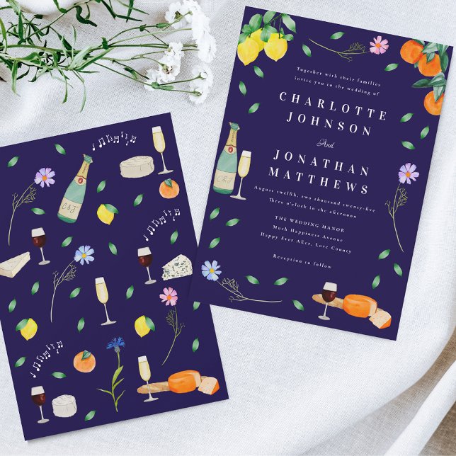 Invitation Boho Citrus & Wine Navy Blue Wedding (Wildflower boho citrus floral wine and cheese navy blue Wedding invitation barn backyard wedding)