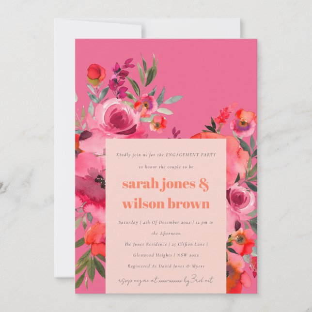 Invitation Boho clair Hot rose Aquarelle Fiançailles Floral (Devant)