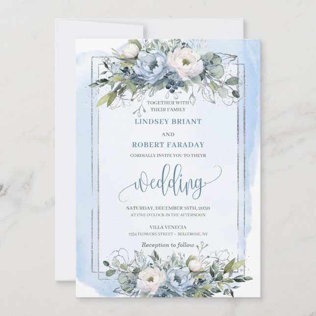 Invitation Boho classique Pastel Bleu Argent Rose Mariage (Devant)