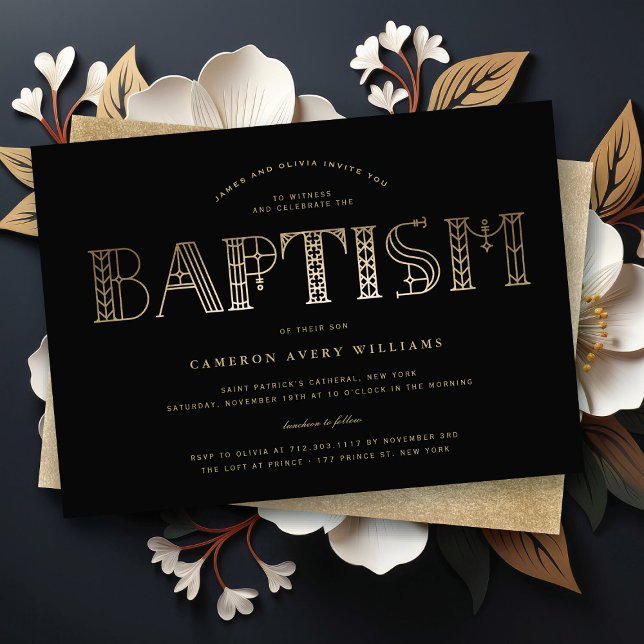 Invitation Boho Classy Gold/Black Typographie Élégant Baptême (Boho Classy Gold/Black Typography Elegant Baptism Religious Invitation @ fat_fa_tin)