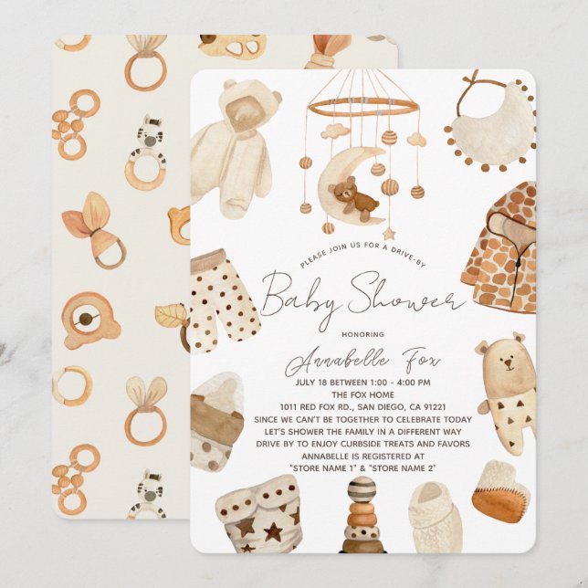 Invitation Boho Clothes Nursery Drive-by Baby shower Invitati (Devant / Derrière)
