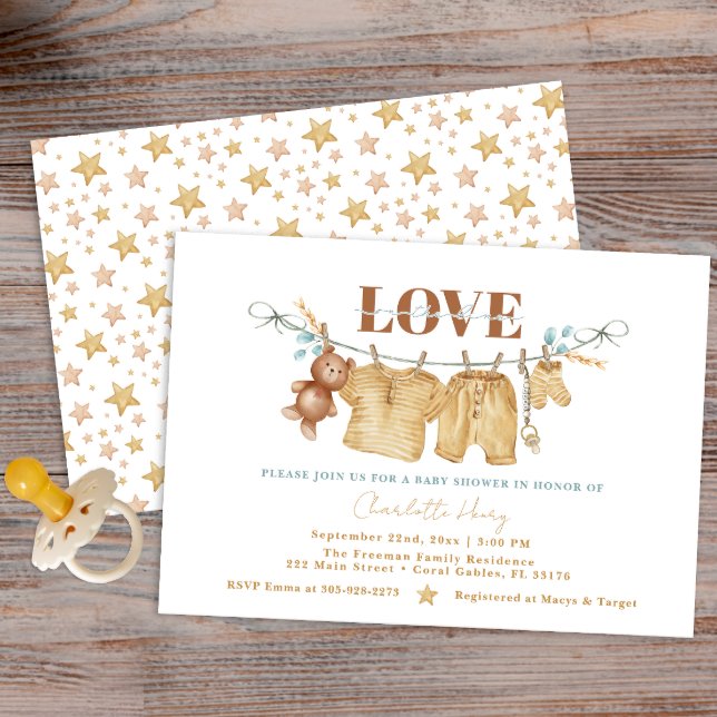 Invitation Boho Clothesline Baby shower d'aquarelle Invitatio (Love on the line a boho clothesline baby shower invite)
