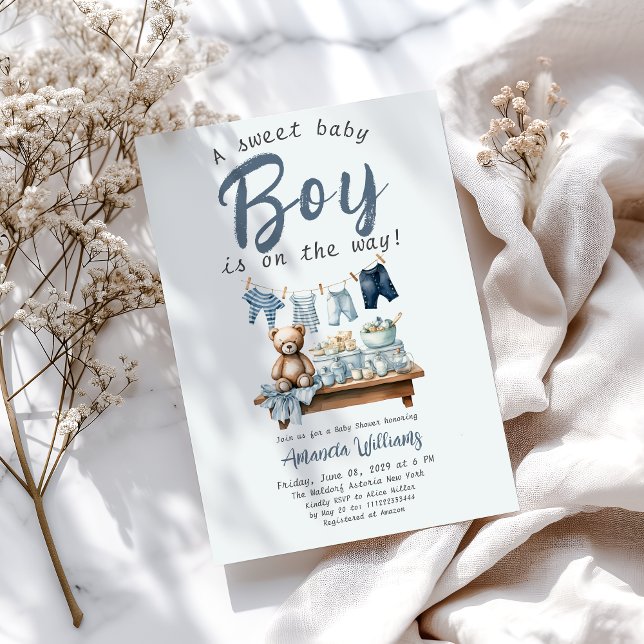 Invitation Boho Clothesline Sweet Blue Boy Baby shower (Créateur téléchargé)