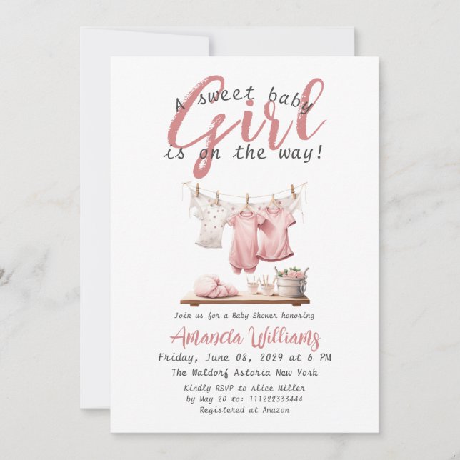 Invitation Boho Clothesline Sweet Girl Baby shower rose (Devant)
