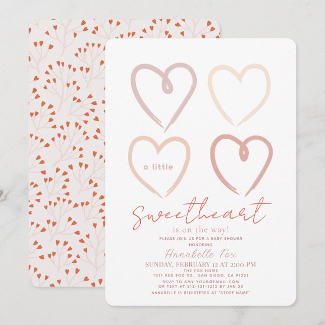 Invitation Boho Coeurs roses Petit Baby shower amoureux Inv (Devant / Derrière)