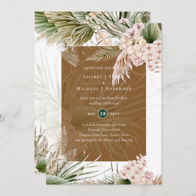 Invitation BOHO Couleur de la Terre Pampas Mariage (Devant / Derrière)