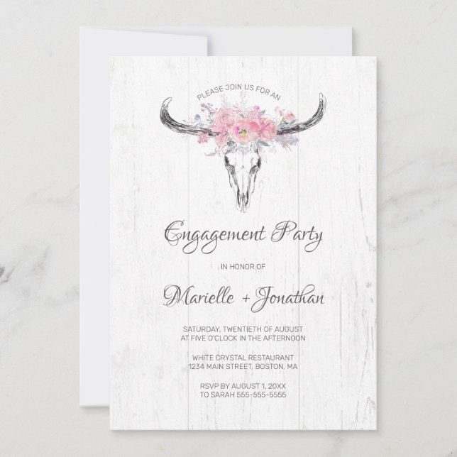 Invitation Boho crâne de vache rustique Fiançailles blanc flo (Devant)