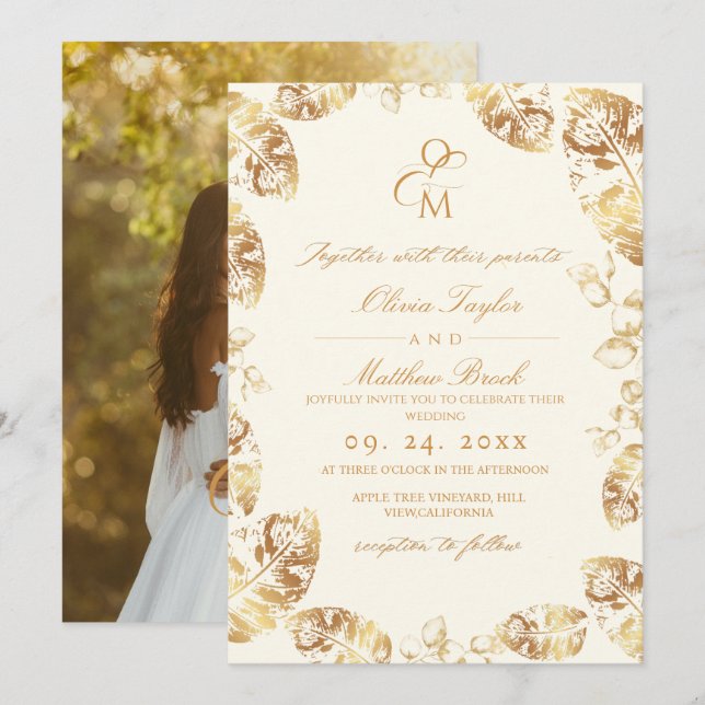 Invitation Boho Cream Gold | Mariage de automne élégant (Devant / Derrière)