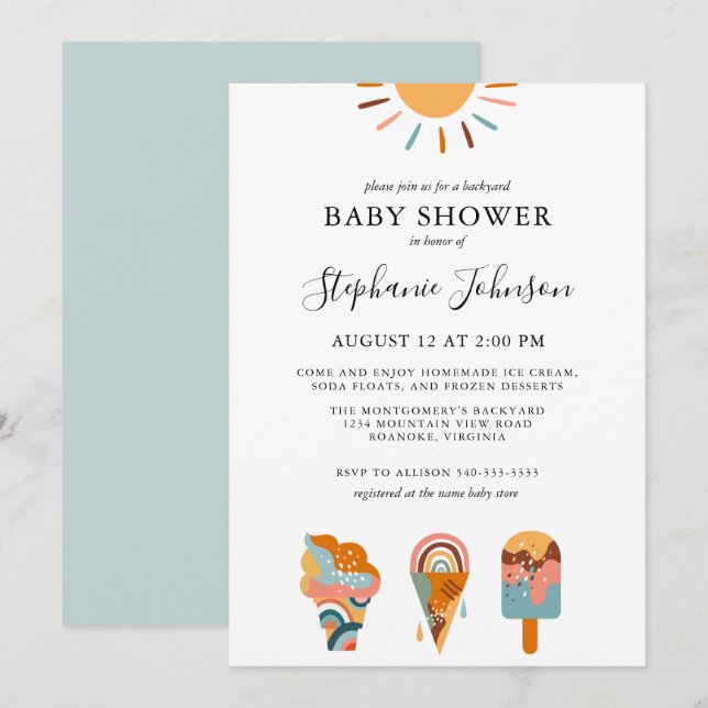 Invitation Boho Crème Glacée Fête Prénatale de Jardin (Devant / Derrière)