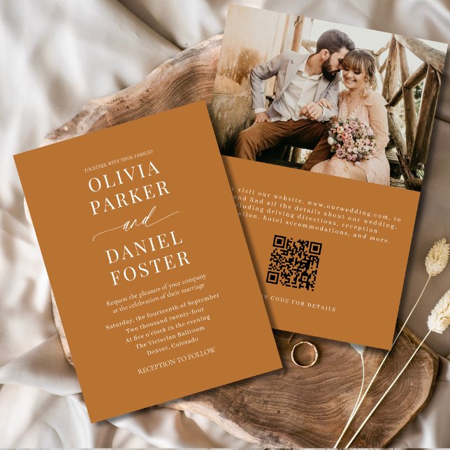 Invitation Boho Cuivre Bronze QR Code Elégant Mariage photo (Créateur téléchargé)