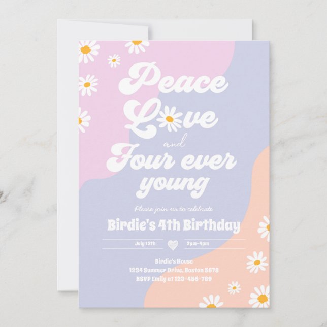 Invitation Boho Daisy 4e anniversaire Paix Amour Quatre Ever  (Devant)