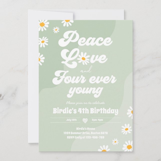 Invitation Boho Daisy 4e anniversaire Paix Amour Quatre Ever  (Devant)