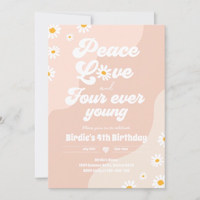 Invitation Boho Daisy 4e anniversaire Paix Amour Quatre Ever  (Devant)