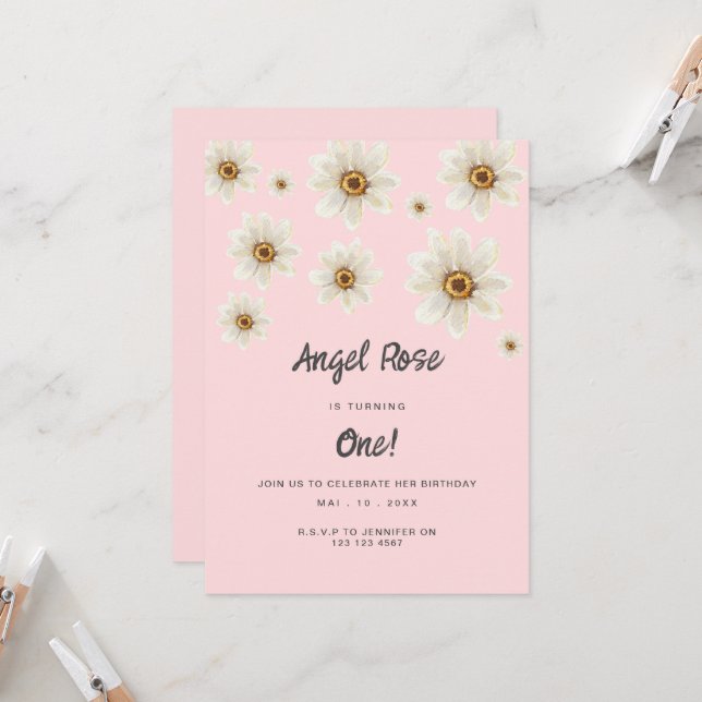 Invitation Boho Daisy Fleurs Fille 1er Anniversaire Rose mign (Devant/Arrière en situation)