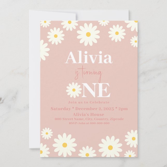 Invitation Boho Daisy One Floral Rose Bohème 1er Anniversaire (Devant)