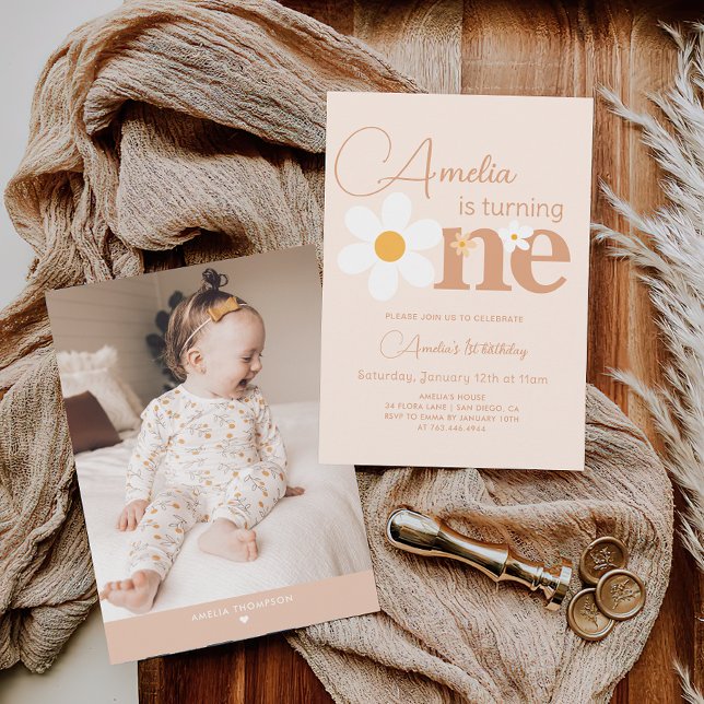 Invitation Boho Daisy Photo First Birthday Girl (Créateur téléchargé)