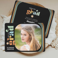 Boho Daisy Retro Text Photo Graduation Party