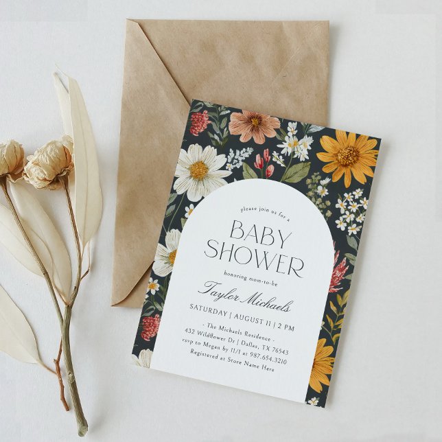 Invitation Boho Dark Floral Fleur sauvage Baby shower (Créateur téléchargé)