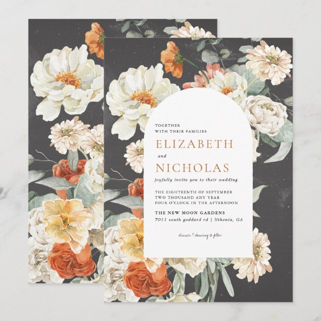 Invitation Boho Dark Floral Greenery Mariage botanique (Devant / Derrière)
