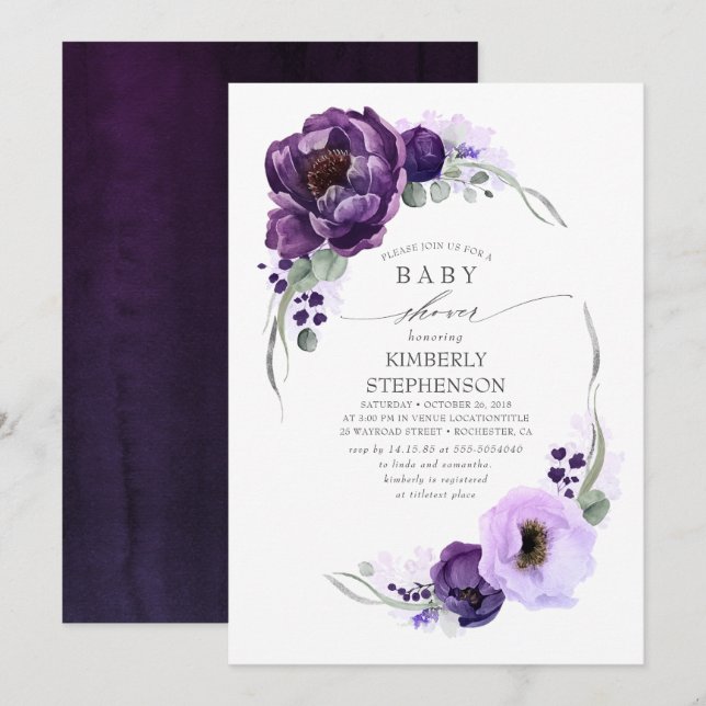Invitation Boho Dark Purple Floral Baby shower Royal (Devant / Derrière)