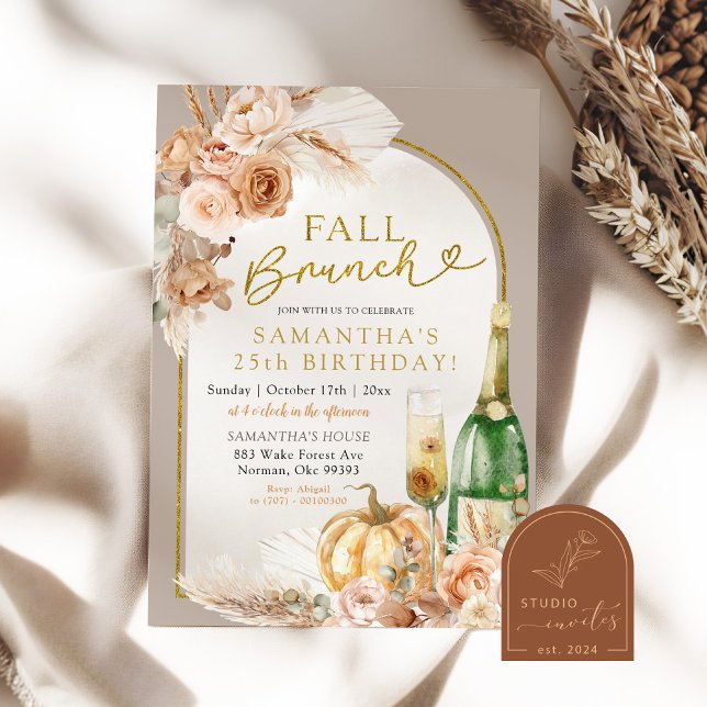 Invitation Boho d'automne beige et ivoire Brunch d'anniversai (Créateur téléchargé)