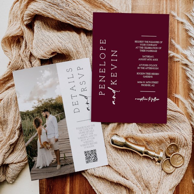 Invitation Boho de Bourgogne moderne photo Mariage QR Code RS (Créateur téléchargé)