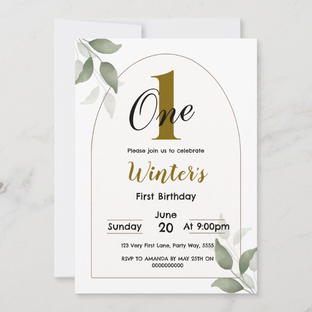 Invitation Boho de verdure premier anniversaire Neutral Garço (Devant)