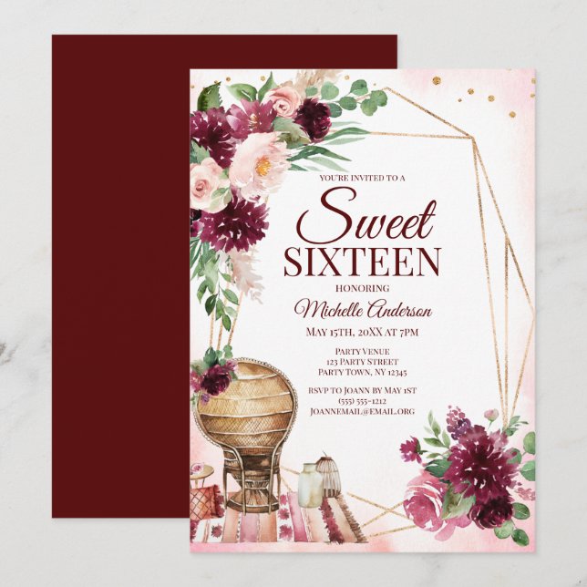 Invitation Boho de vin Bourgogne Aquarelle Sweet sixteen Flor (Devant / Derrière)