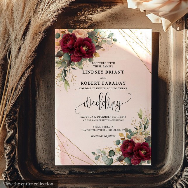Invitation Boho Deep Red Blush or Rose Chic Mariage (Modern Boho Deep Red Blush Gold Roses Chic Wedding Invitation)