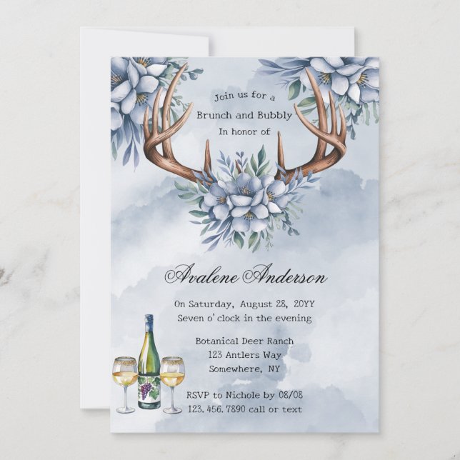 Invitation Boho Deer Antler Blue Floral Brunch & Bubbly (Devant)