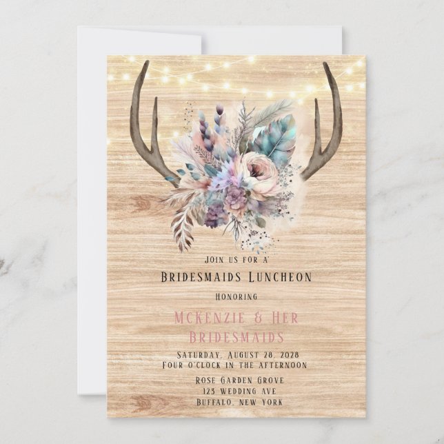 Invitation Boho Deer Antler Floral Bridesmaiers Déjeuner (Devant)