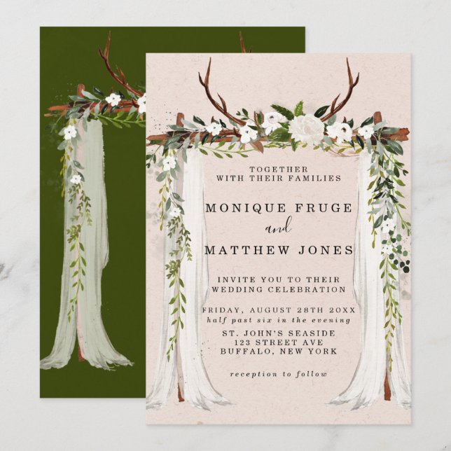 Invitation Boho Deer Antlers Canopée blanche Rustique (Devant / Derrière)