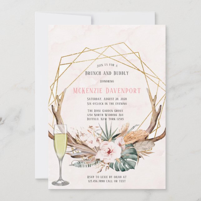 Invitation Boho Deer Antlers et Florals Brunch et Bubbly (Devant)