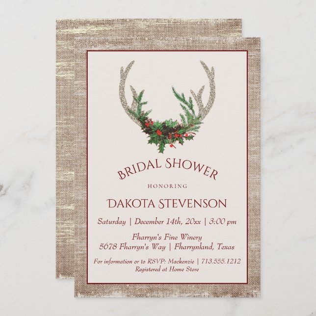 Invitation Boho Deer Antlers | Fête des mariées de Noël rusti (Devant / Derrière)