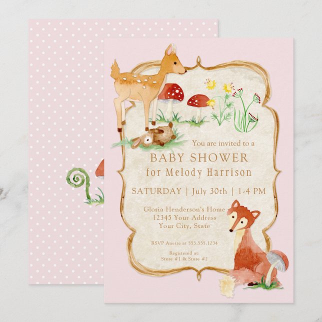 Invitation BOHO Deer Fox Owl Forest Pink Girl Baby shower (Devant / Derrière)