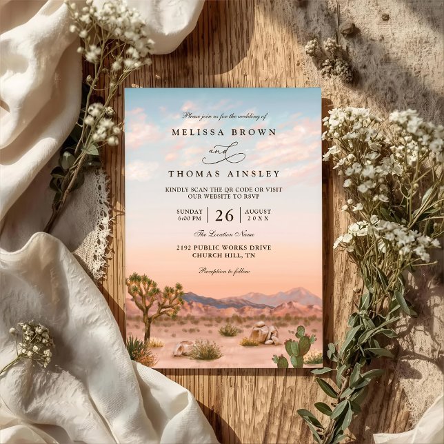 Invitation Boho Desert Cactus Rustic Elegant QR Code Wedding (Créateur téléchargé)