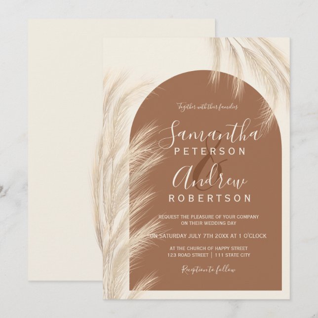 Invitation Boho désert pampas herbe aquarelle mariage (Devant / Derrière)