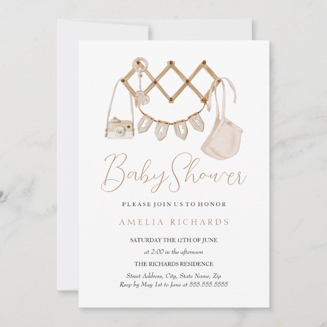 Invitation Boho doux Baby shower neutre Dusty rose (Devant)