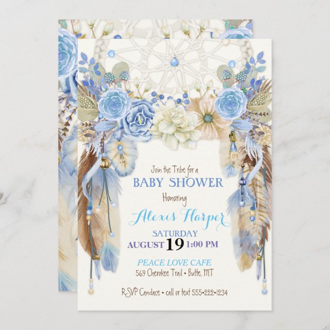 Invitation Boho Dream Catcher Feathers Blue Ivory Brown (Devant / Derrière)