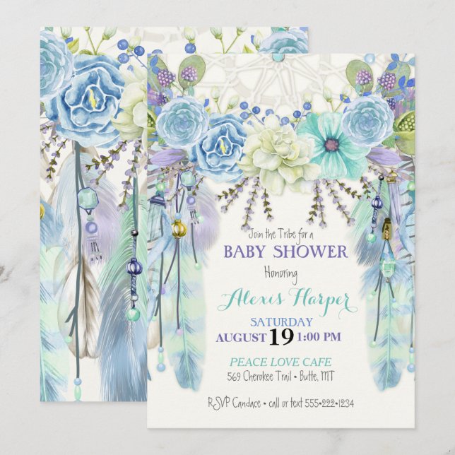 Invitation Boho Dream Catcher Feathers Blue Mint Turquoise (Devant / Derrière)