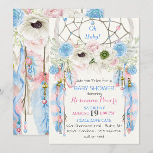 Invitation Boho Dream Catcher Feathers Blue & Pink