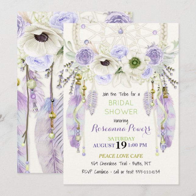 Invitation Boho Dream Catcher Plumes Lavender Green (Devant / Derrière)