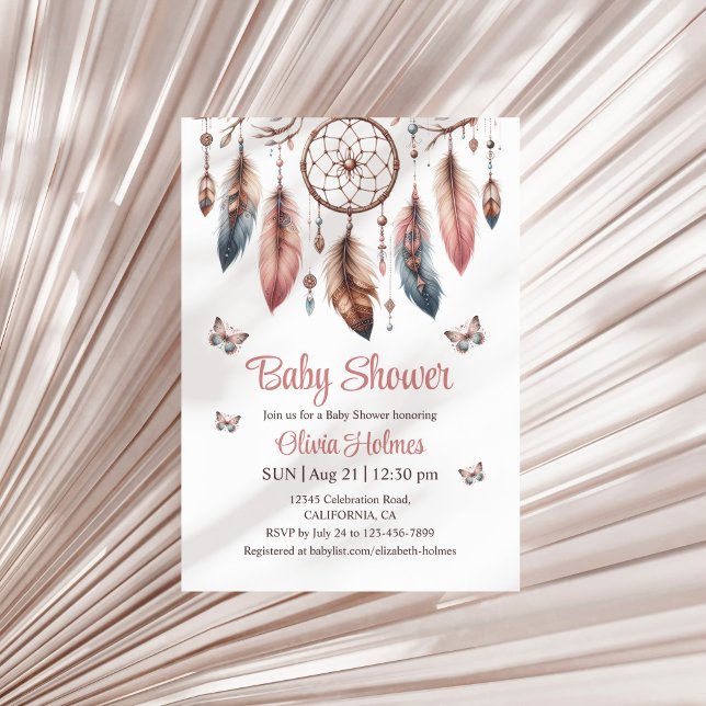Invitation Boho Dreamcatcher avec Baby shower de papillons (Boho Dreamcatcher with Butterflies Baby Shower Invitation on a neutral dry palm leaf.)