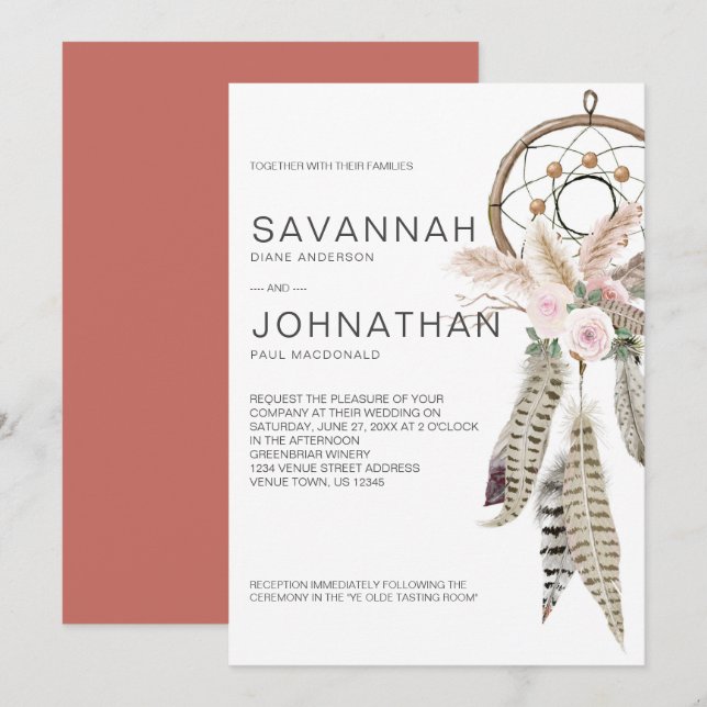 Invitation Boho Dreamcatcher Plumes Pampas Tropical Floral (Devant / Derrière)