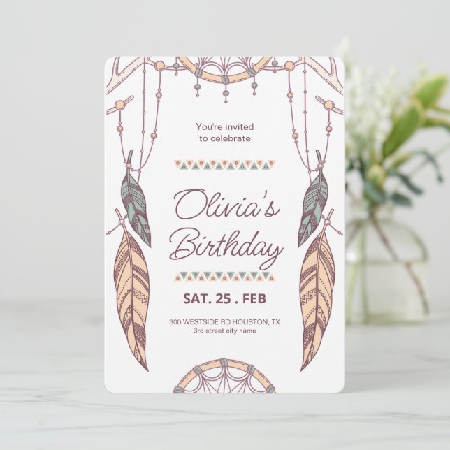 Invitation Boho Dreamcatcher Tribal, Boho Birthday Party (Debout devant)