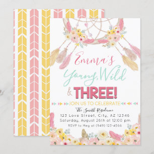 Invitation Boho Dreamcatcher Young Wild & Three 3e anniversai