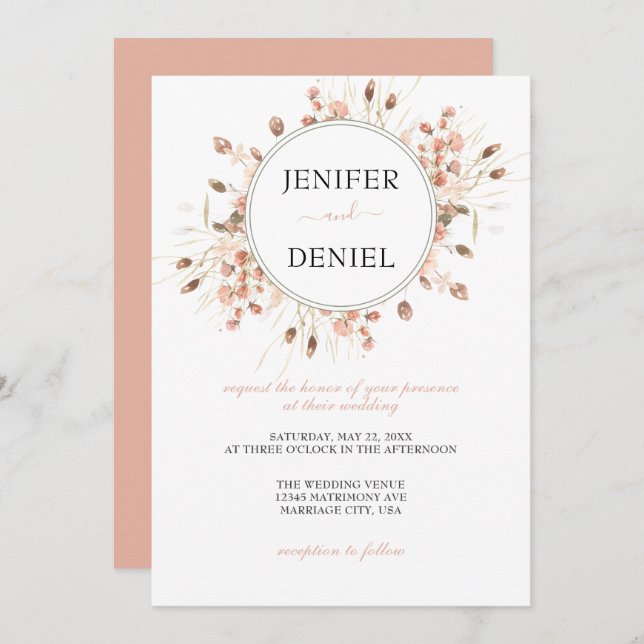 Invitation Boho Dried Watercolor Floral Wedding (Devant / Derrière)