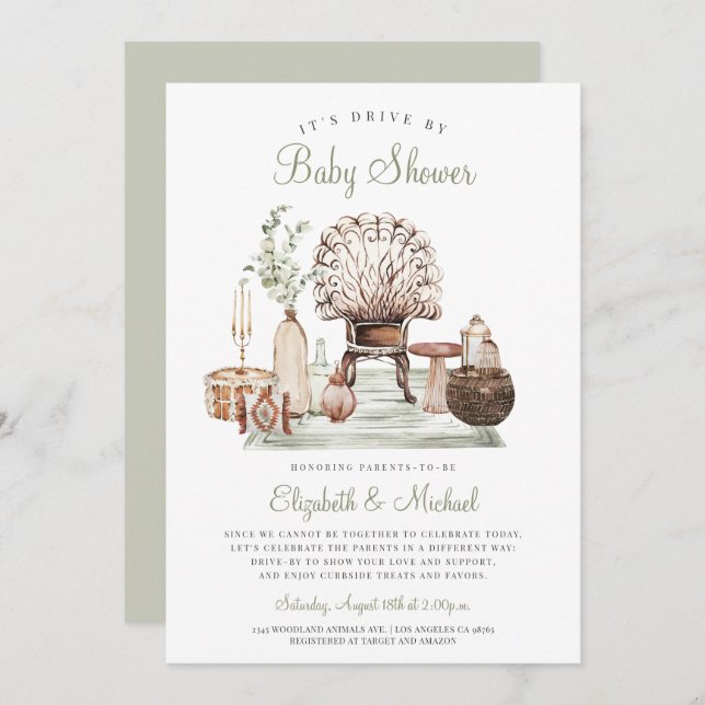 Invitation Boho Drive By Green Eucalyptus Baby shower Invitat (Devant / Derrière)