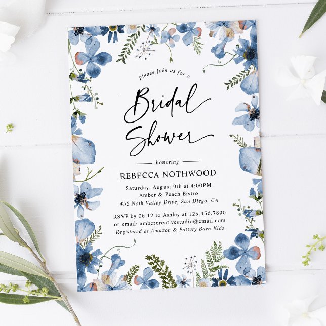 Invitation Boho Dusky Blue Florals Fête des mariées botanique (Créateur téléchargé)